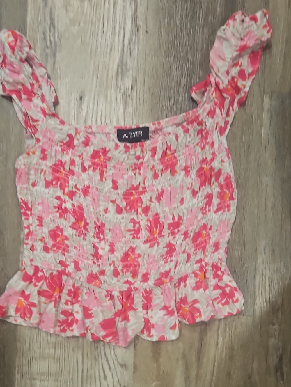 A. Byer Pink & White Floral Smocked Ruffle Crop Top